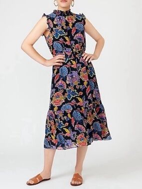 J. Crew Smocked Waist Bold Floral Print High Neck Sleeveless‎ Summer Dress XS